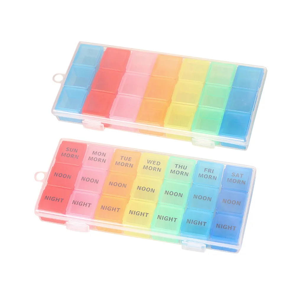 

2Pcs 7 Days Medicine Box Colorful Organizer 21 Compartments Pill Dispenser Portable Plastic Storage Case for Family School Use
