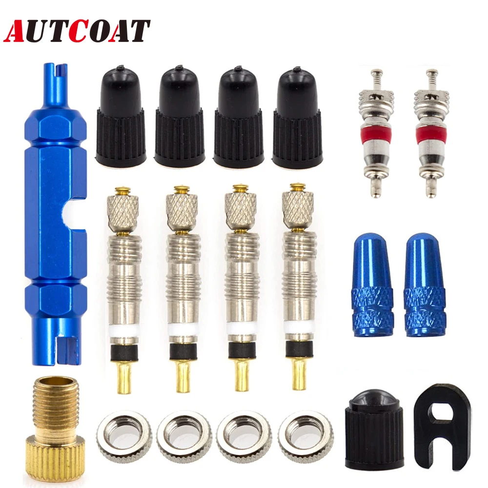 Valve Core Remover Tool Kit Blue Bicycle Valve Core Tightening Tool and Presta Valve Cores Brass for Bike Tire Application