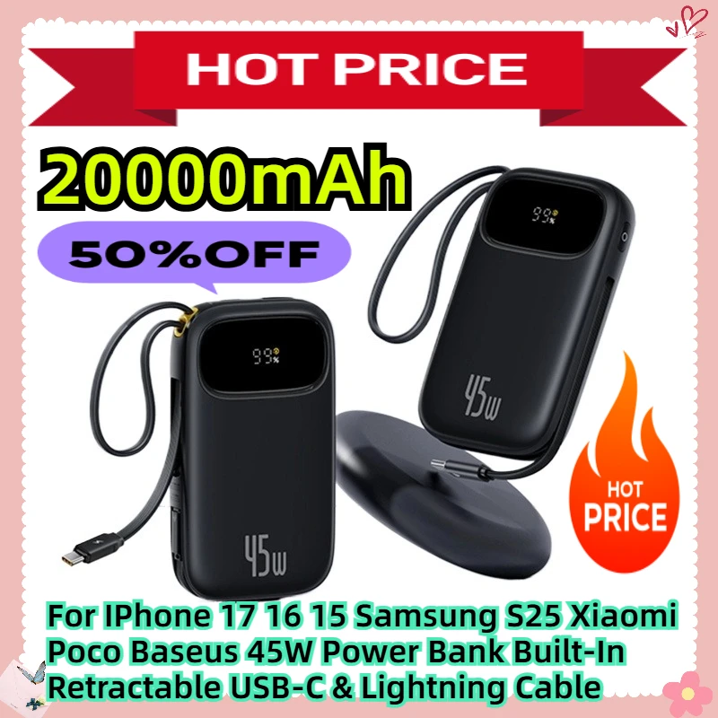 

For IPhone 17 16 15 Samsung S25 Xiaomi Poco Baseus 45W 20000mAh Power Bank Built-In Retractable USB-C & Lightning Cable