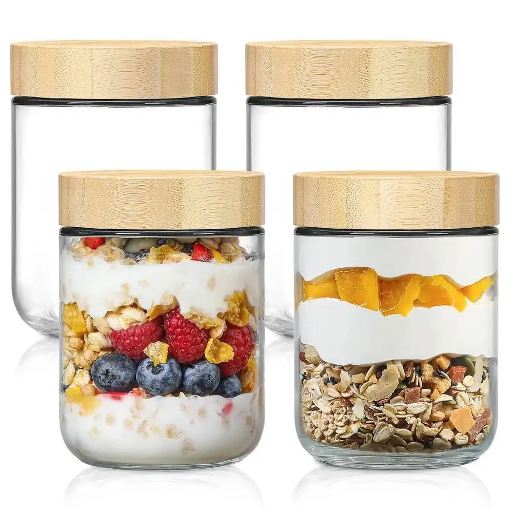 

4Pack Airtight Lid 16Oz Over Night Oats Container With Bamboo Lids Glass Snack Storage Salad Jars ,Yogurt, Sugar