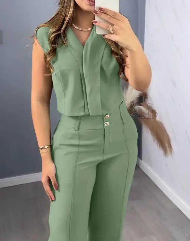 

Trousers Sets for Women Two Piece Outfits Summer Women's Fashion V-Neck Sleeveless Ruched Top & Casual Button Wide Leg Pants Set