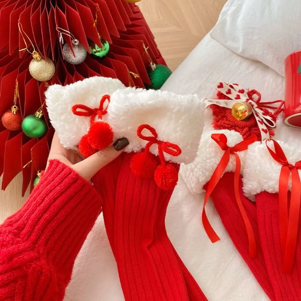 Chaussettes rouges épaisses en coton avec nœud pour femme, bonneterie confortable, chaussettes de couchage pour enfants, hiver, nouvel an