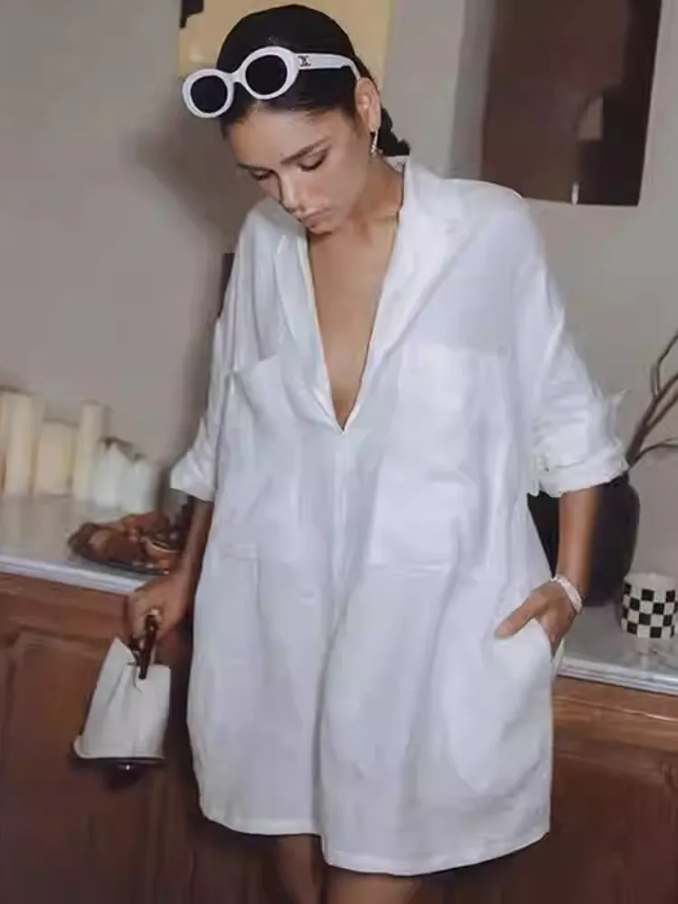 

French White V-Neck Loose Fitting Shirt Dress, Women'S Thin Summer Fashionable Mid Length Sunscreen Shirt