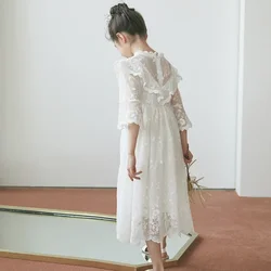 Korean Girls Dress Princess Party Wedding Lace Embroidery Long Dress Elegant White Maxi Dresses for Teen Girl Children 5 6 8 10