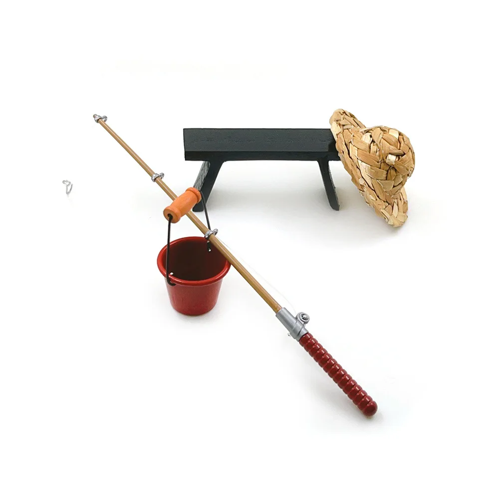 

1:12 Scale Dollhouse Miniature Fishing Set - Fishing Rod Bucket Bench Straw Hat Realistic Pretend Play Accessories