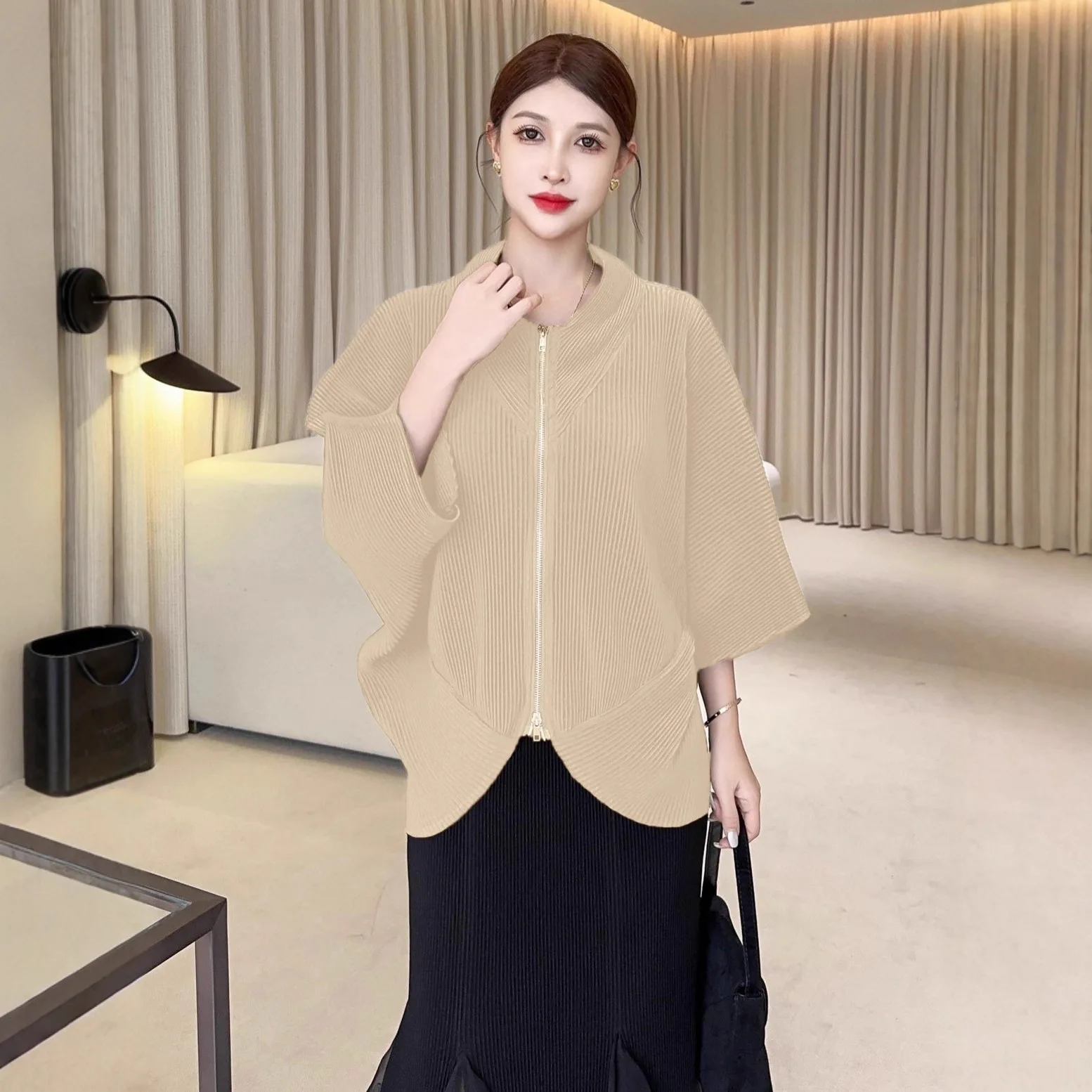 Miyake-chaquetas plisadas de manga tres cuartos para mujer, abrigos negros informales holgados con doble cremallera, novedad de otoño