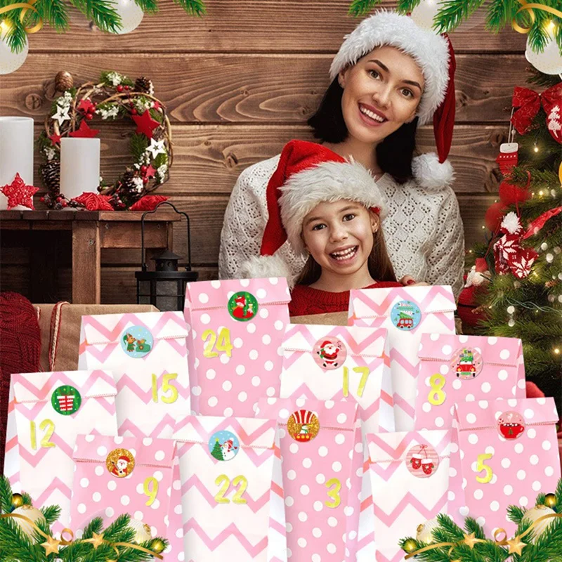Tas Natal liburan 24 buah tas hadiah Natal tas kertas prasmanan permen untuk liburan Natal
