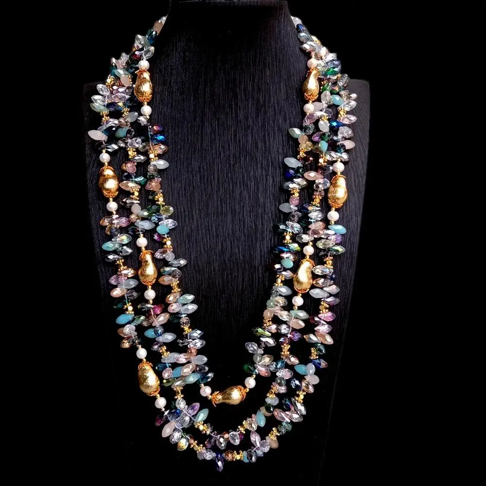 

Y·YING 3 Strands Cultured White Pearl Multi Color Crystal Statement Necklace