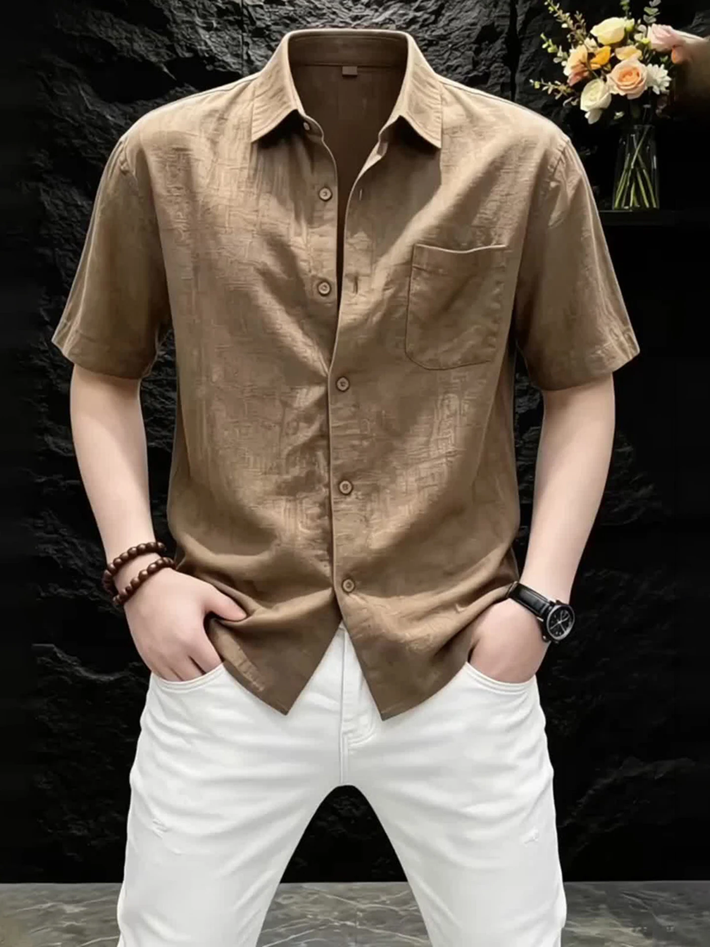 

Café Brown Linen Short Sleeve Men's Shirt Summer Casual Style Five-Button Closure Breathable Loose Fit Fashionable Holiday Wear
