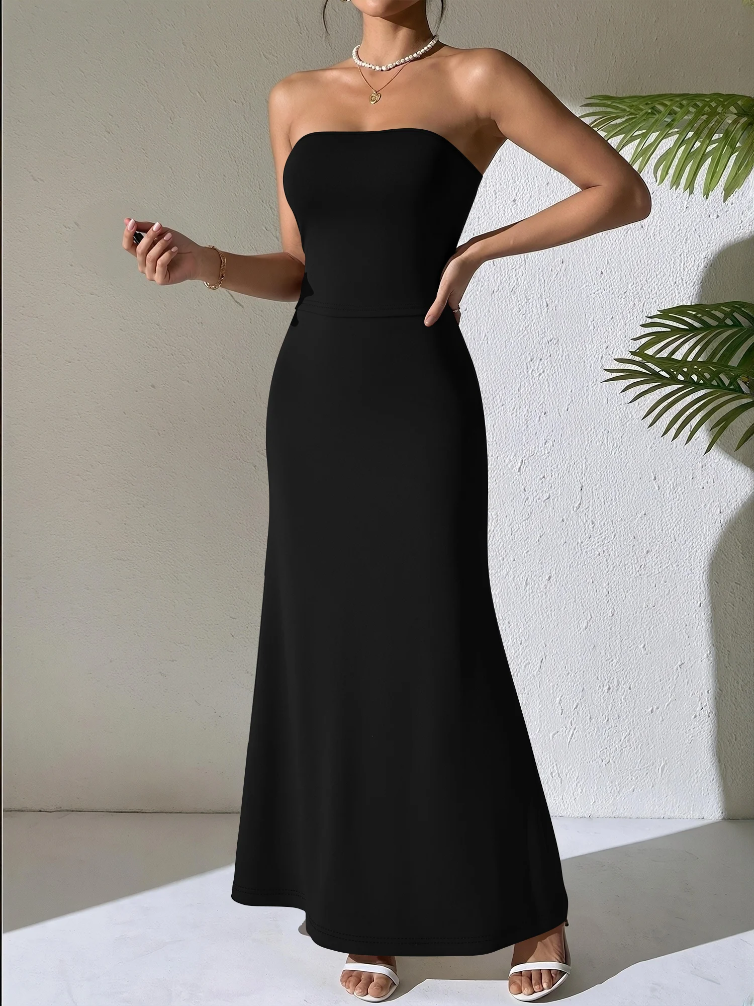 

Simple Chic Female Two Piece Set Strapless Solid Bandeau High Waist Fishtail Skirt Evening Gathering Dresses