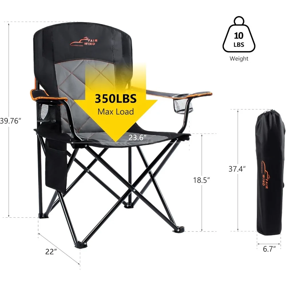 FAIR WIND Confezione da 2 sedie da campeggio sovradimensionate completamente imbottite con braccioli pieghevoli per carichi pesanti, supporto da 350 libbre con portabicchieri,