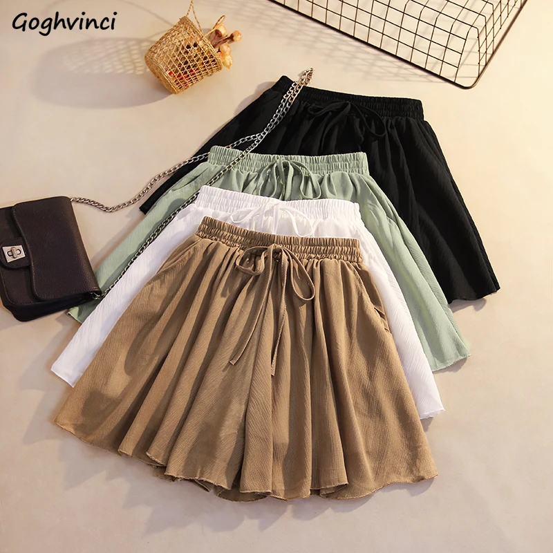 Loose Leisure Solid Shorts Women High Elastic Waist Summer Chiffon Lace-up All-match 4XL Sweet Korean Style Chic Fashion Flare