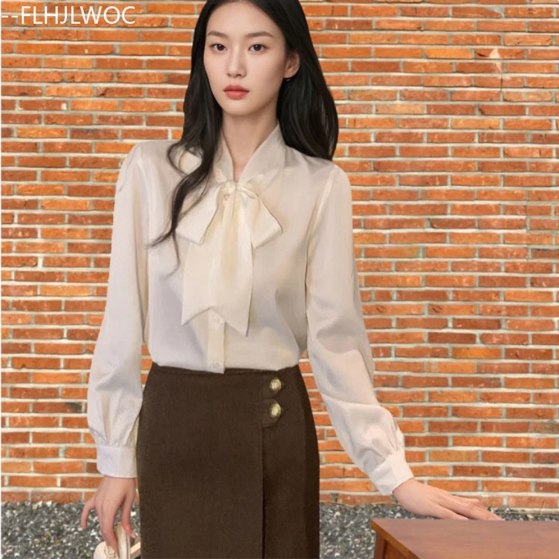 

Bow Tie Tops Women Korean Style Design Clothes Flare Sleeve Elegant Office Lady Cute Ribbon Sweet Basic Chiffon Shirts Blouses