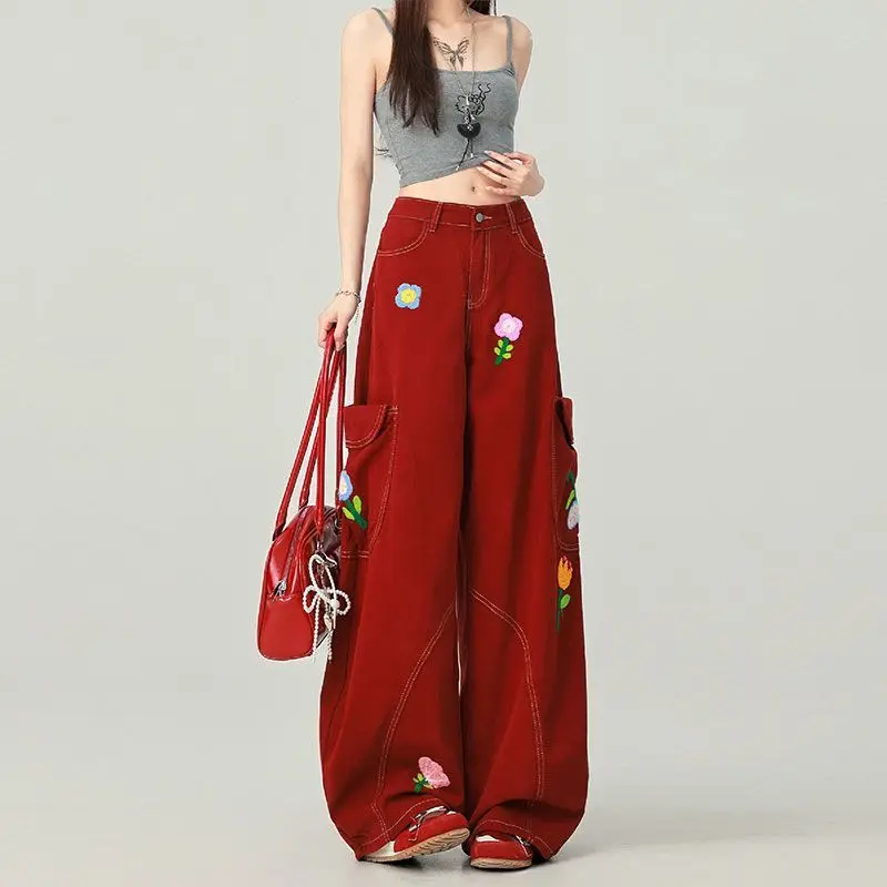 

Мужские джинсы большого размера с вышивкой и цветочным узором, широкие штанины, осенне-зимние, с большими карманами, молодежные, повседневные, прямого кроя