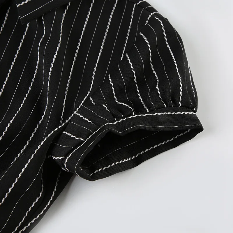 Fashion striped button bubble sleeves spicy girl temperament folds shirt