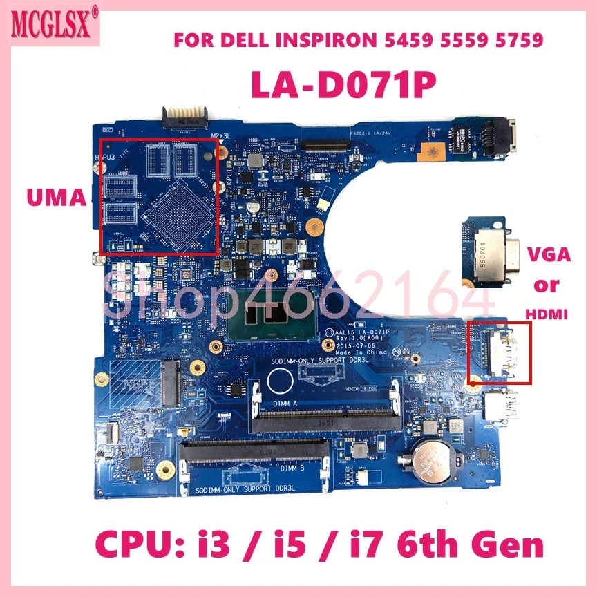 LA-D071P With i3/i5/i7-6th Gen CPU Notebook Mainboard For Dell Inspiron 5559 5759 5459 3559 Laptop Motherboard 100% Tested OK