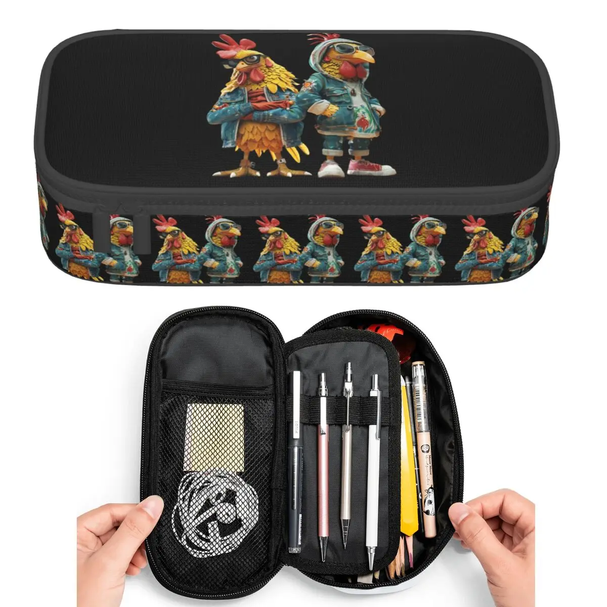 

Cute Rooster And Hen With Sunglasses Pencil Cases for Students Pen Box Pencil Bag Large Storage Pencil Pouch Pen Holder