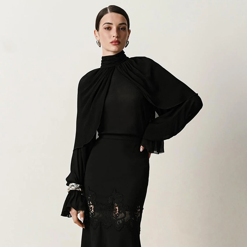 

Linad Vintage White Turtleneck Woman Blouse Elegant Chiffon Shawl Collar Ladies Tops 2025 Sexy Sheer Flare Sleeve Shirts Autumn