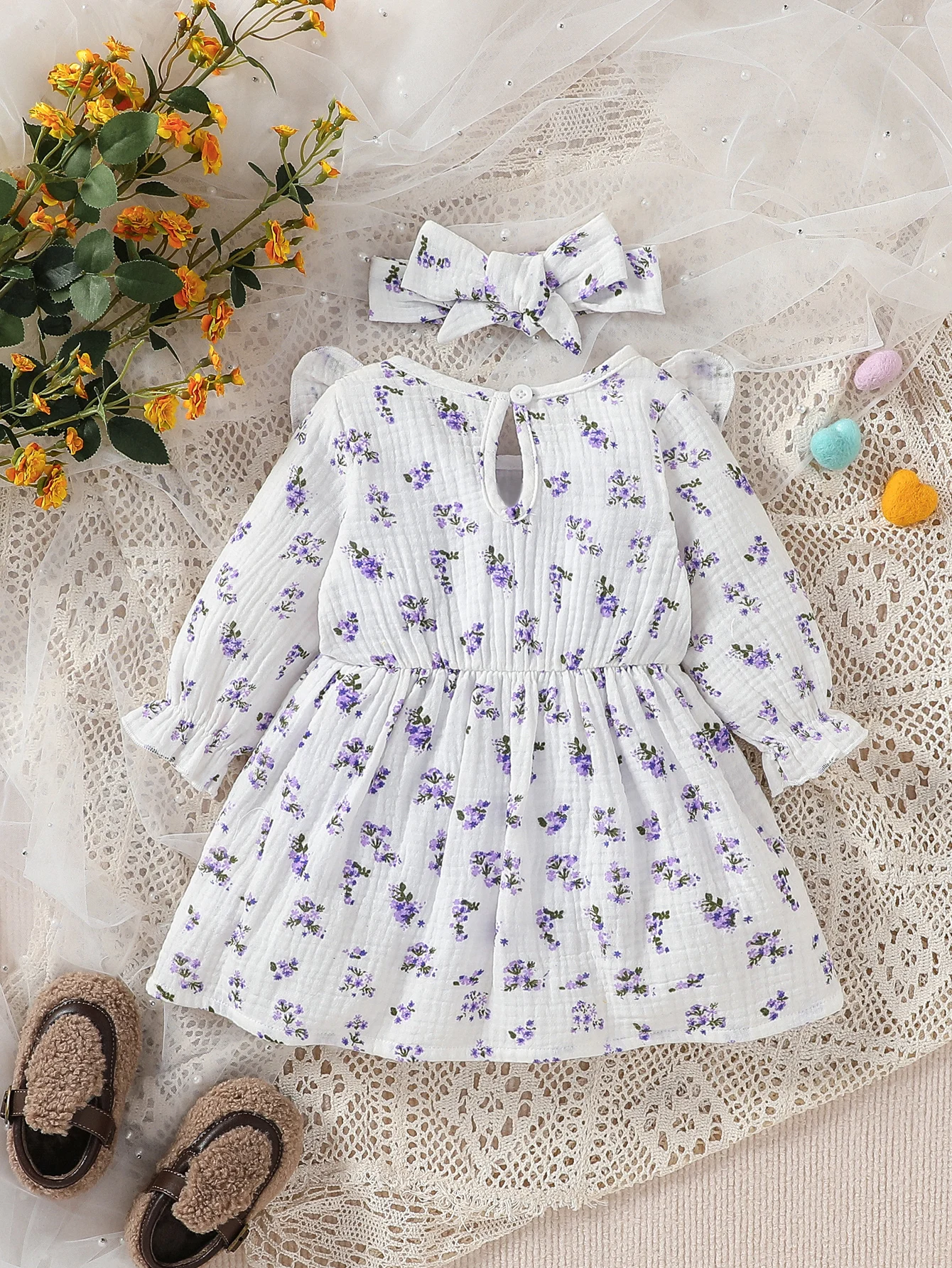 Girls Summer Baby\'s Lovely Printing Floral With Bow Square Collar Long Sleeve Daily Dress