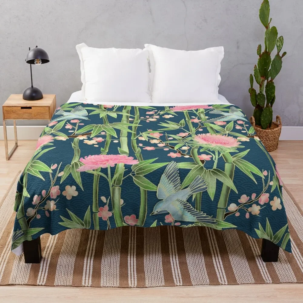 

Bamboo, Birds and Blossom - dark teal Throw Blanket Bed linens Picnic Polar Blankets