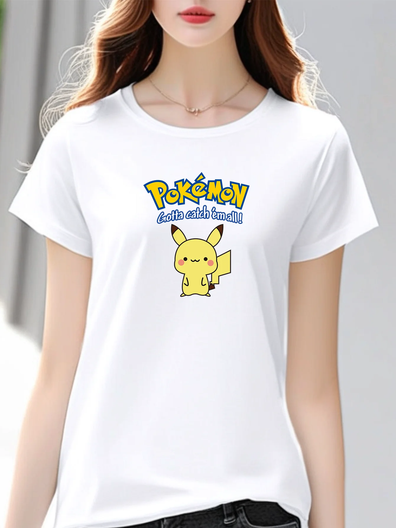 1PC Women's Cute Pikachu White Casual Round Neck Short Sleeve Imitation Embroidery Printed T-shirt