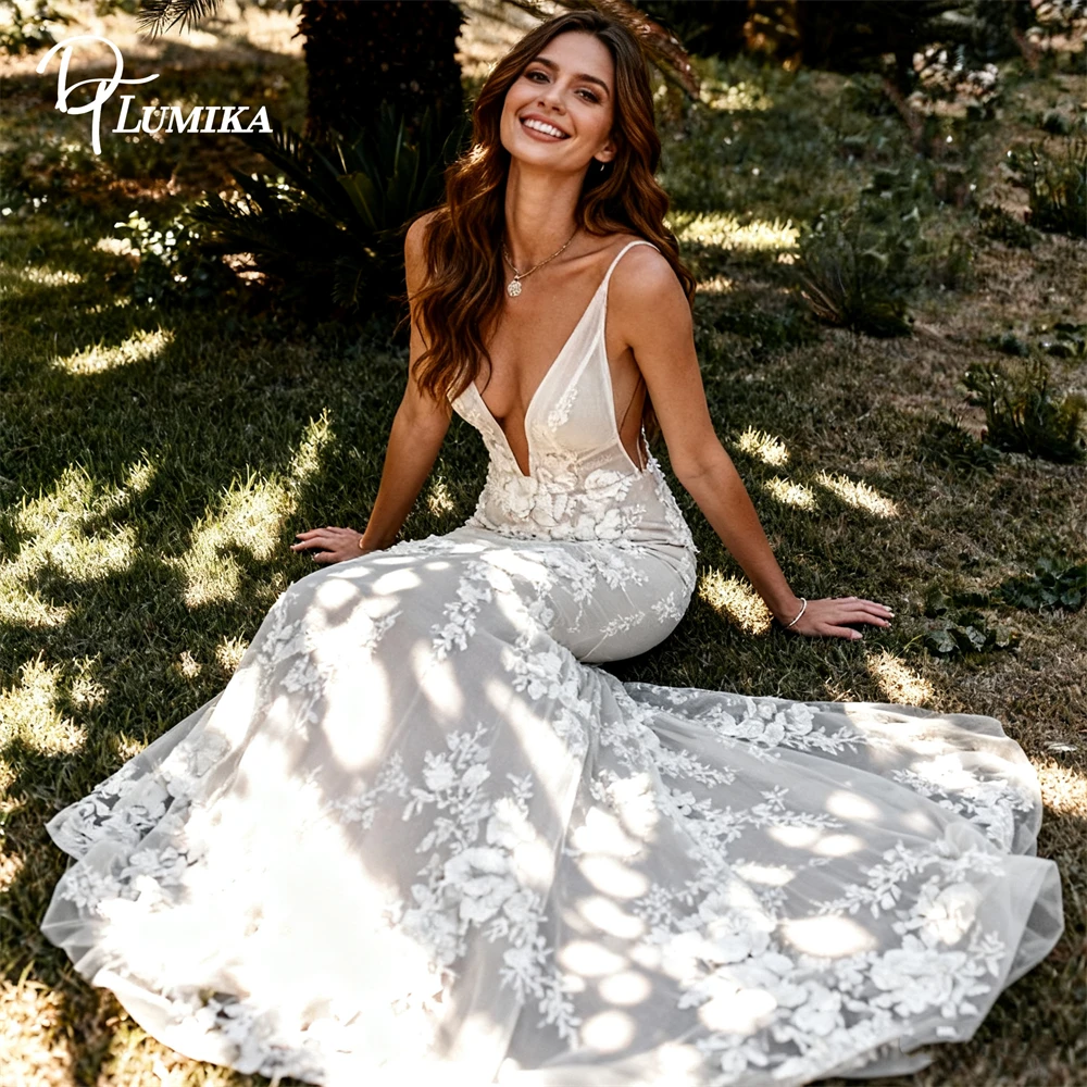 

DTLumika Flowers Appliques Wedding Dress for Bride 2026, Spaghetti Straps Mermaid Bride Dresses, Customized Plus Bridal Gown