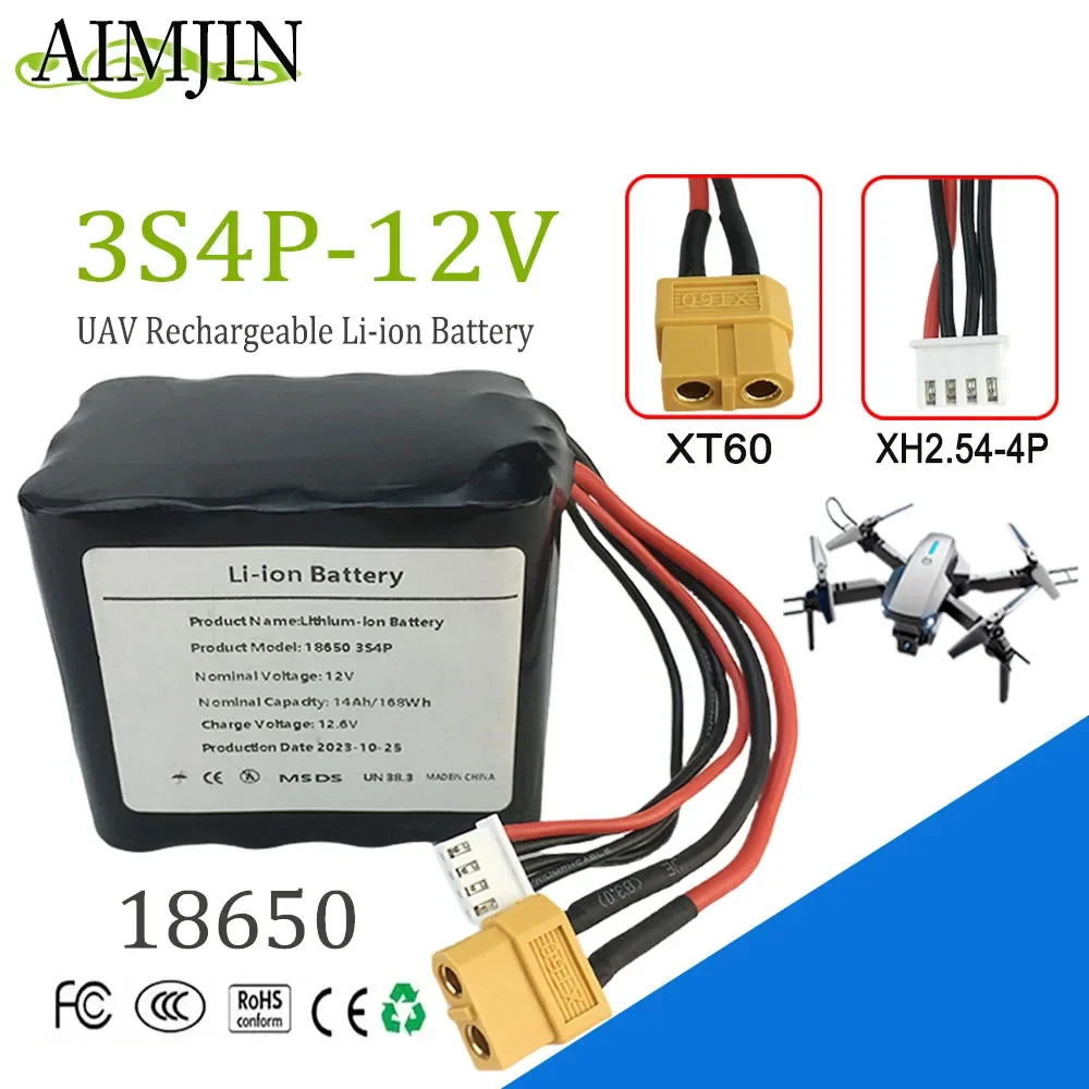 

For Various RC Airplane Quadrotor XH2.54-4P XT60，High Capacity UAV 3S4P 12V 14Ah 12.6V Rechargeable Li-ion Battery