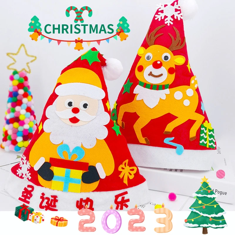 1PC Kids DIY Handmade Christmas Hat Craft Kit Kindergarten Creative Non-woven Toys Cartoon Arts Hats Xmas Gift for Kids Adults