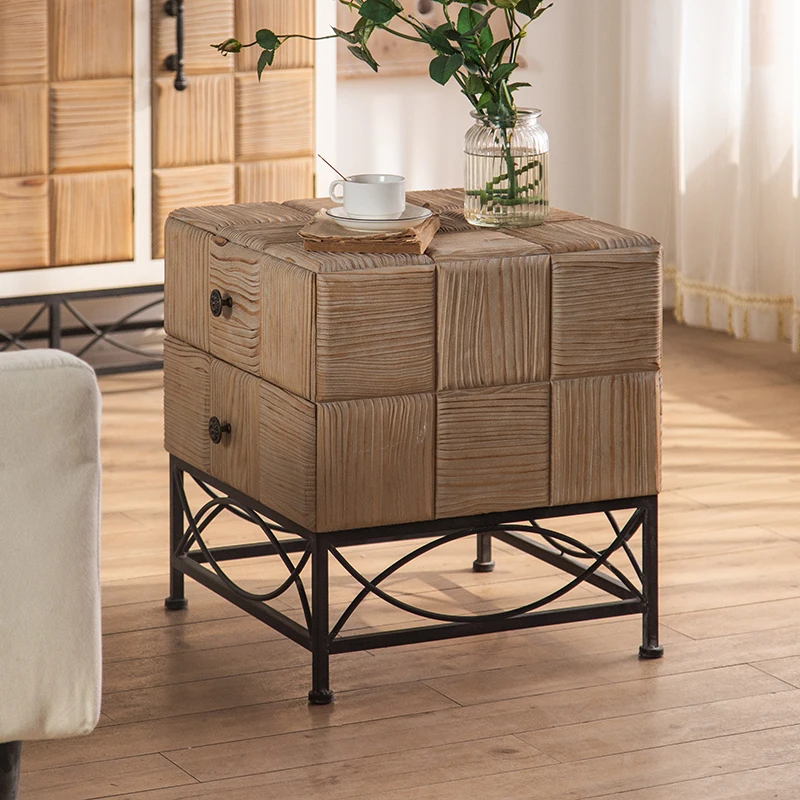 

American bedroom bedside table solid wood sofa side cabinet retro small chest cabinet storage locker wrought iron old