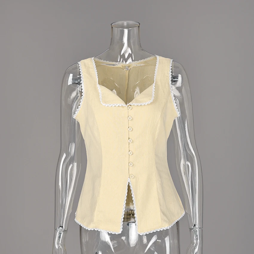 Linad Vintage Khaki Lace Spaghetti Strap Vest 2026 Elegant Square Collar Single Breasted Camis Street Chic Sleeveless Top Female image 5