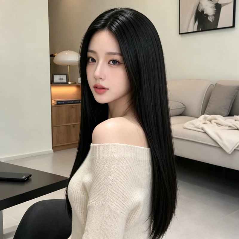 Stylish 28-inch black long straight synthetic wig, center parted, women's synthetic hair for everyday wear.