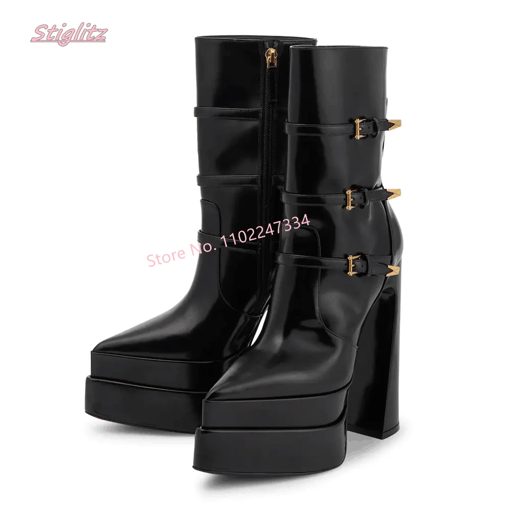 2024 Black Platform Ankle Boots Women\'s Winter Solid New Arrival Luxury Brand Pointed Toe Side Zipper footwear Shoes