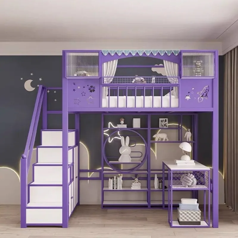 Wrought iron elevated bed, with stair sheet to bed loft, student dormitory elevated bed