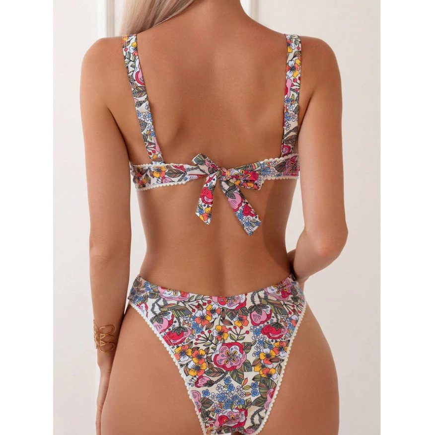 Sexy Flower Print Push Up Bikinis Set 2024 Women Underwired Swimwear High Waist Swimsuits Back Knotted Beach Wear Bathing Suit