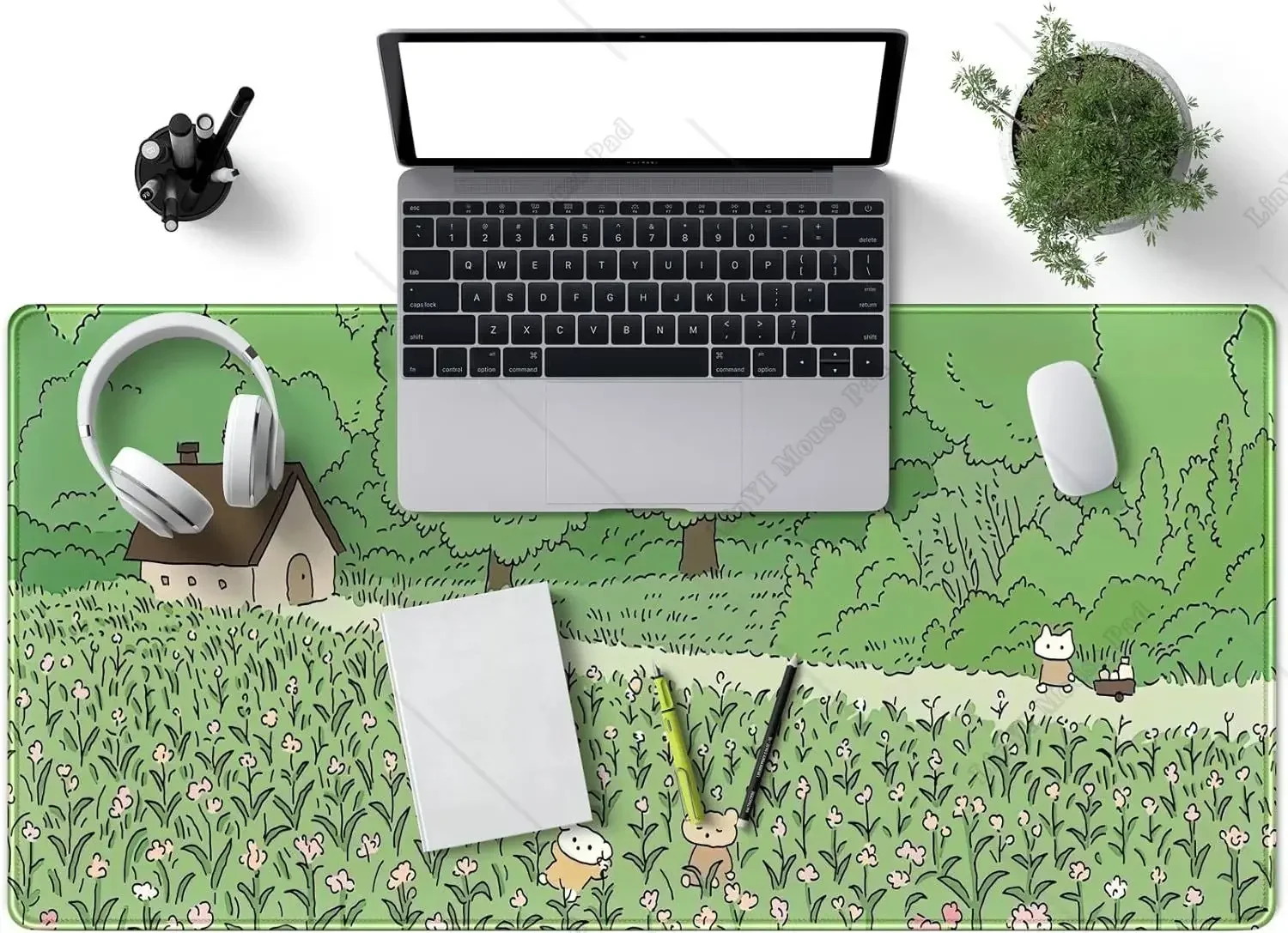 Cute Anime Large Gaming Mouse Pad XXL Green Cartoon Bear Bunny Mousepad 31.5x11.8 In Non-Slip Rubber Base with Stitched Edges