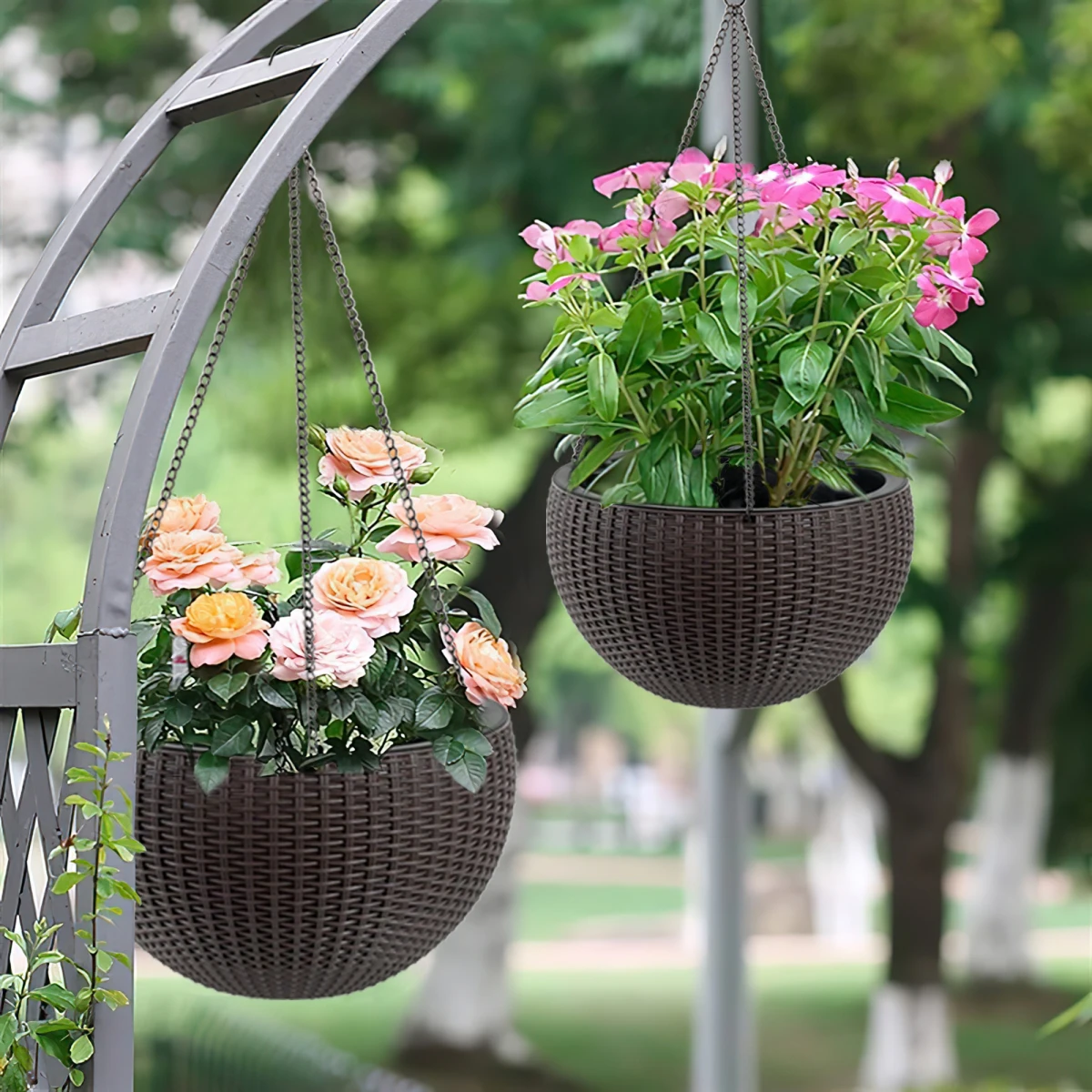 13.4 inch Self-Watering Hanging Rattan-Inspired Planter Large Capacity, Root-Rot Resistant Water Storage with Water Level Indicator, Dual-Use for Indoor & Balcony Decoration (Pack of 2, Brown)   WL RR
