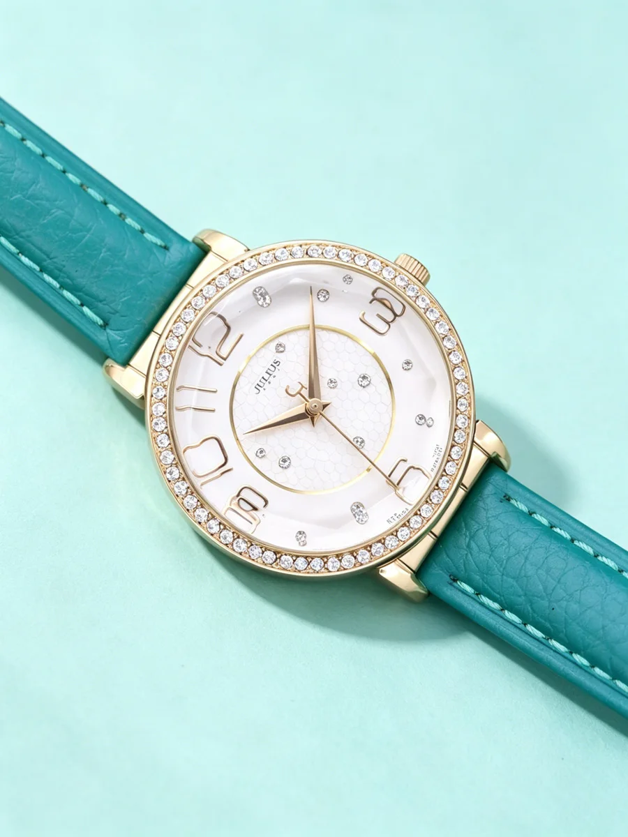 

Top Julius Lady Women's Watch Elegant Rhinestones Fashion Hours Dress Bracelet Real Leather Girl Birthday Gift Box