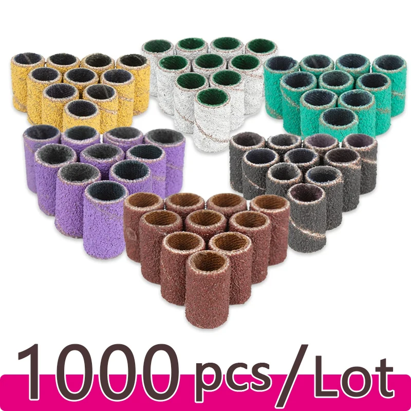 1000pcs Nail Sanding Bands Nail Drill Bit Caps Accessories for Manicure Gel Polish Removing Manicure Tool 80# 120# 180# 240# Set