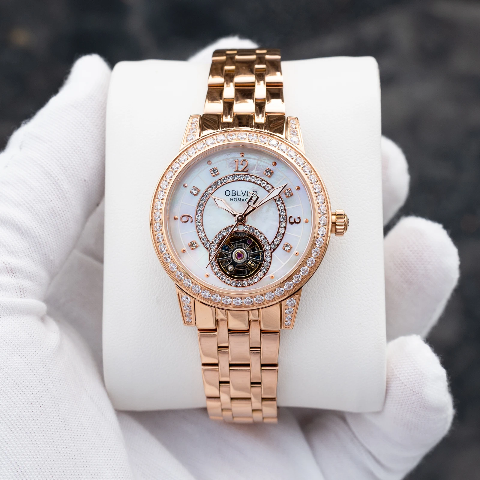 OBLVLO Elegant Style Rose Gold Diamonds MOP Dial with Tourbillon Automatic Dress Watch for Women Bracelet Band Ladies Wristwatch