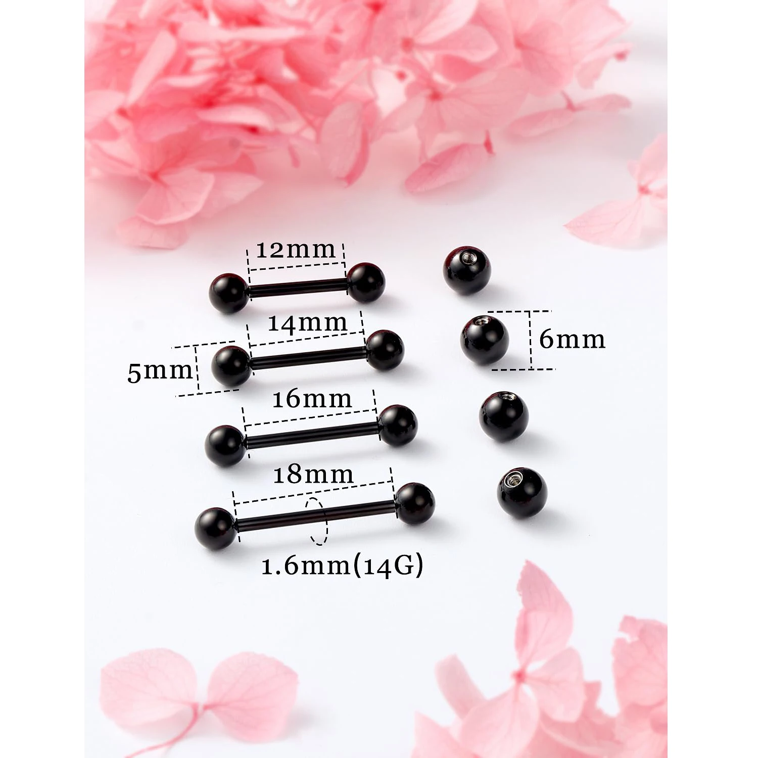 14G 16G Nipple Tongue Rings Stainless Steel Barbells Piercing Jewelry Silvery Black Golden 12mm-18mm Length Ball Size 5MM 6MM