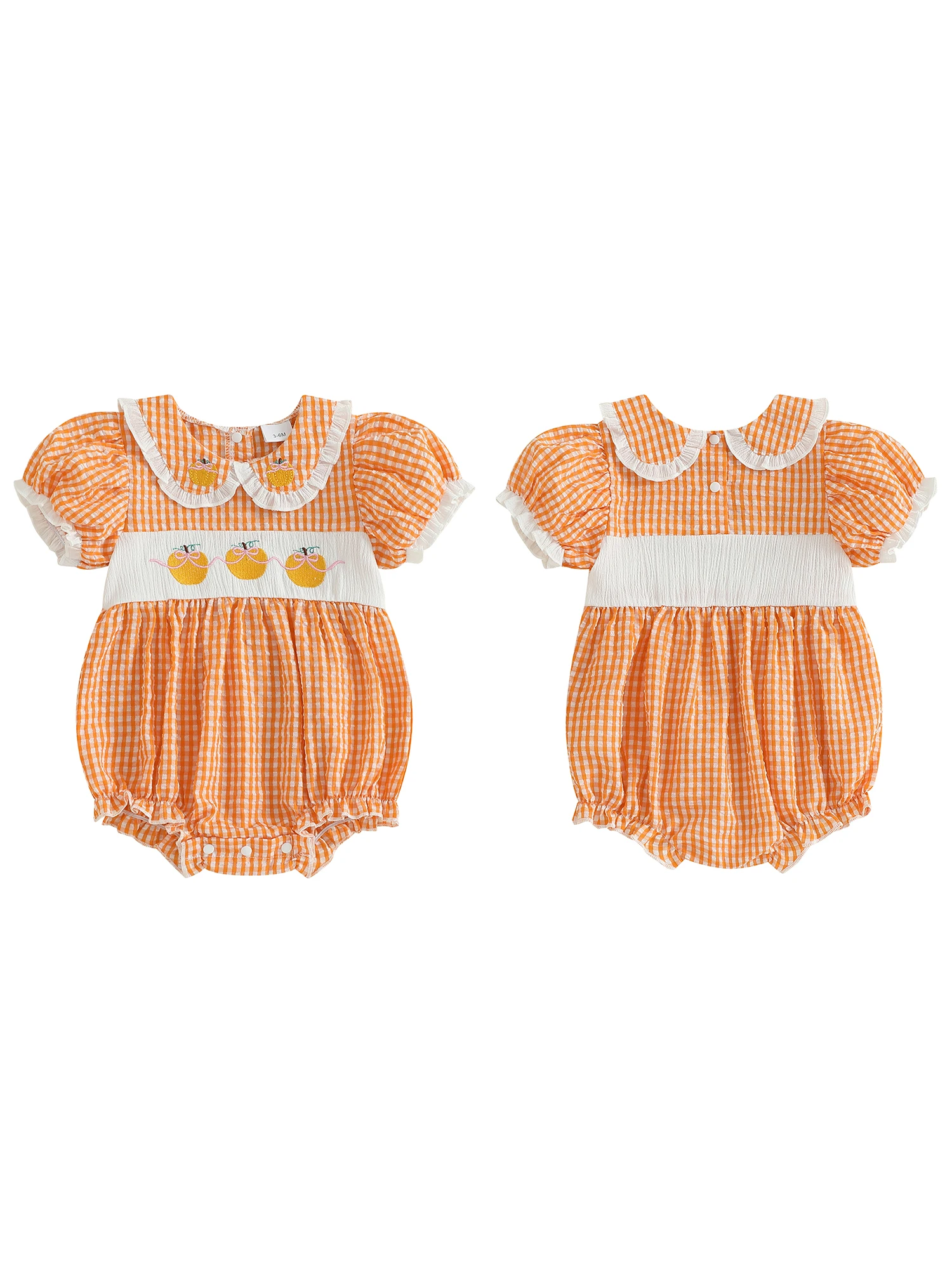 

Костюм на Хэллоуин для младенцев, комбинезон с короткими рукавами, воротником с рюшами и тыквенным принтом, комбинезон для маленьких девочек на осенние праздники