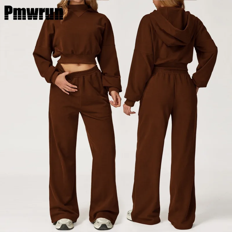 

PMWRUN 2-Piece Cropped Hoodie & Wide-Leg Pants Set Soft Stretchy Casual Lounge Outfit for Yoga Fitness Daily Wear