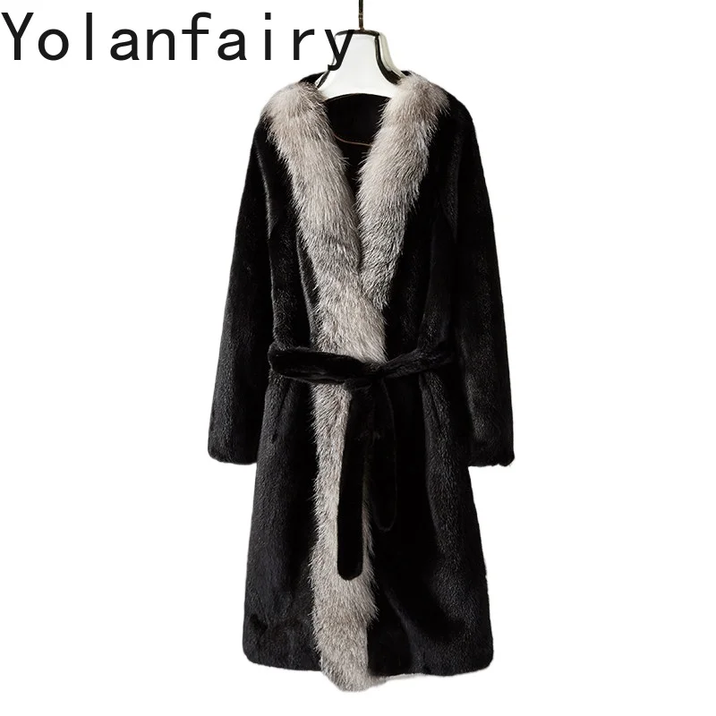 

YOLANFAIRY Natural Fur Coat Woman Winter Mid-length Genuine Whole Mink Real Fur Coats V-neck Fox Fur Collar Jacket Chaquetas