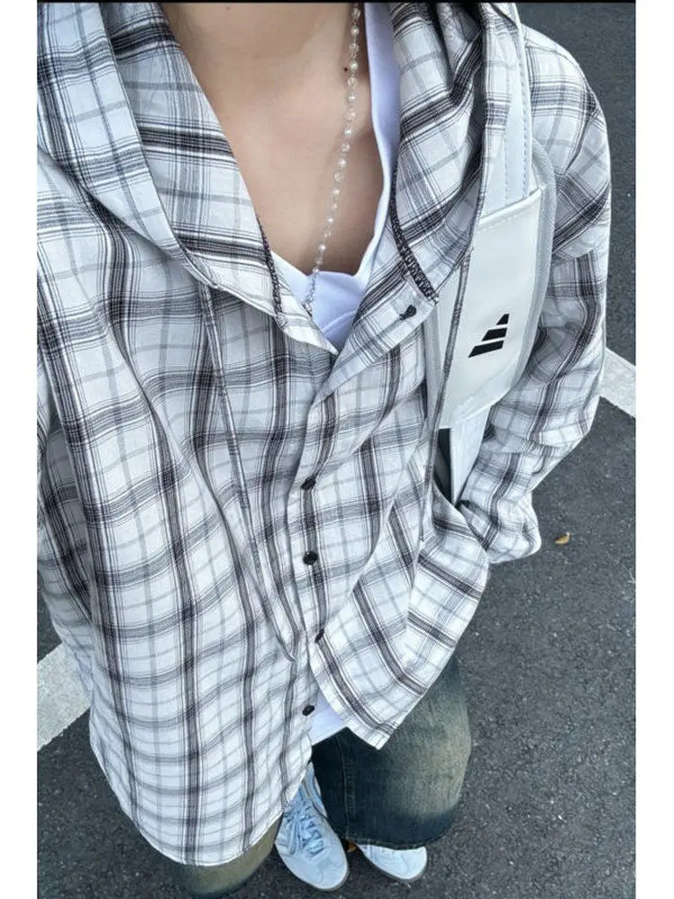 Lightweight Long Sleeve Plaid Shirt Hooded Drawstring Outdoor Summer Men's Cleanfit Shirt Youth Trend Loose Fit American Style