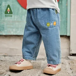 Amila 2024 Spring New Girls & Boys Jeans Lightweight Breathable  Delicately Embroidered Label High Quality Pants