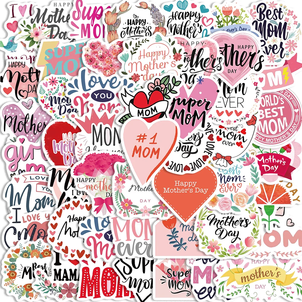 50pcs Cartoon Mother's Day Stickers Thank You Mom Decal for Envelope Diary Guitar Scrapbooking Waterproof DIY Souvenir Gift Toy