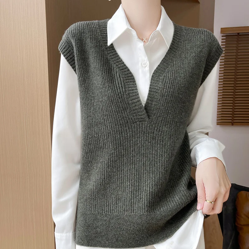 ZYCZCXX Autumn Winter New 100% Pure Wool Waistcoat Women's V-Neck Knitted Vest Sweater Fashion Loose Pullover Sleeveless Blouse