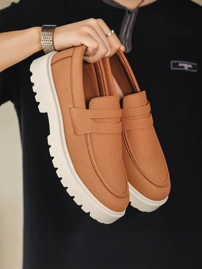 Men's Slip-On Shoes Retro Nubuck Casual Thick Bottom Heightening Loafers Large Size 45  Breathable round Toe Rubber Outsole