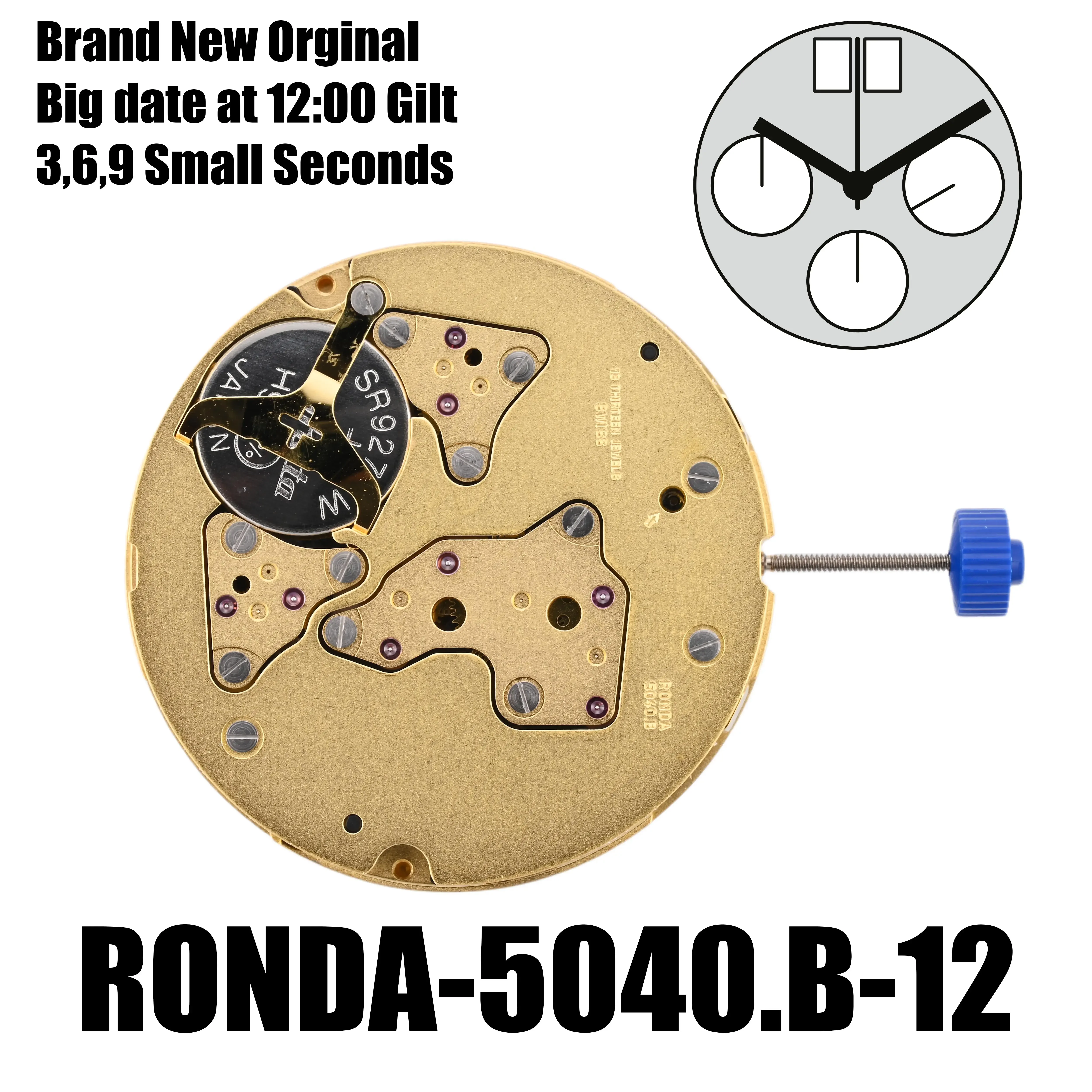 Brand New 5040B Movement Ronda 5040.B Movement Gilt Black Disk 6 Hands 3,6,9 Small Seconds Big Date At 12:00