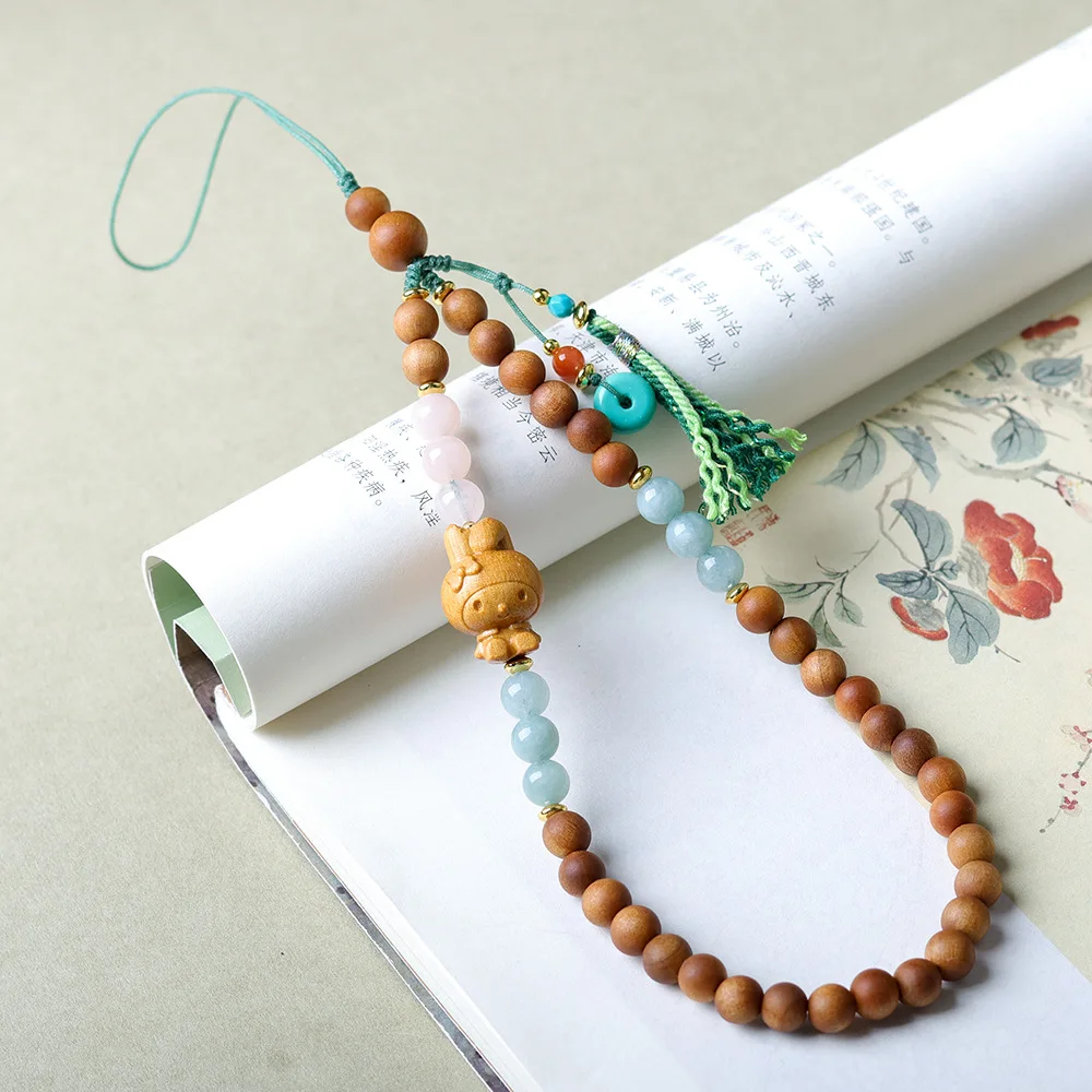 

Handcrafted Sandalwood Pendant Original Artisan Craft Folded-Ear Melody Design Wrist Phone Chain Bag Accessory